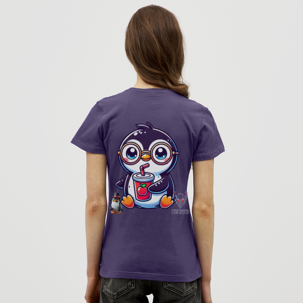 Women T-Shirt KasPenguin with Drink - Dunkellila