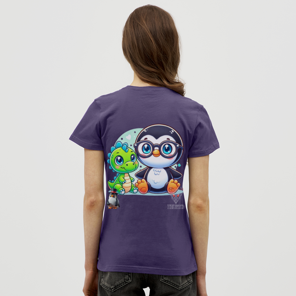 Women T-Shirt KasPenguin with Dinosaur - Dunkellila