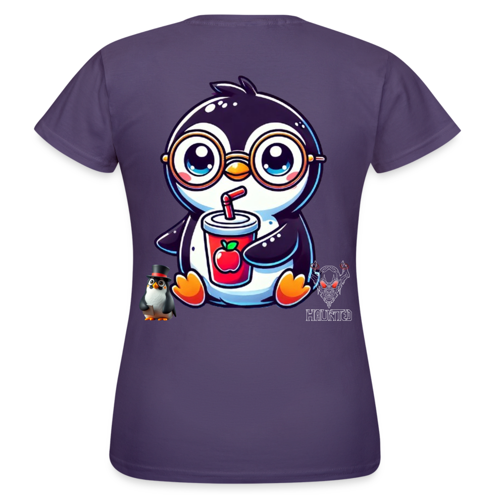 Women T-Shirt KasPenguin with Drink - Dunkellila