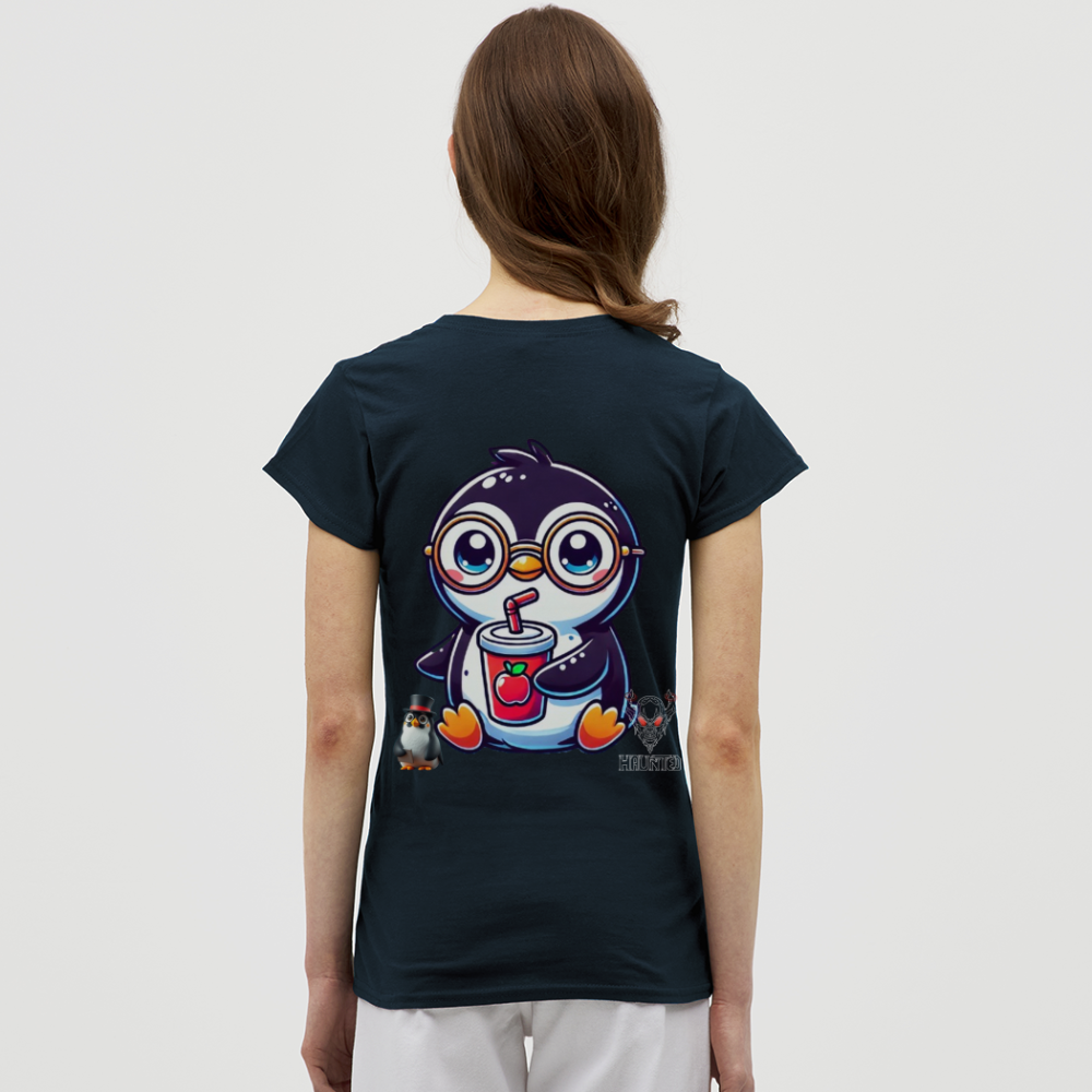 Women T-Shirt KasPenguin with Drink - Navy