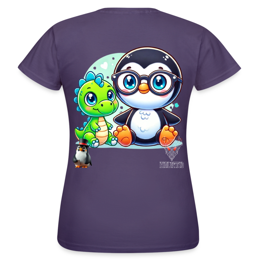 Women T-Shirt KasPenguin with Dinosaur - Dunkellila