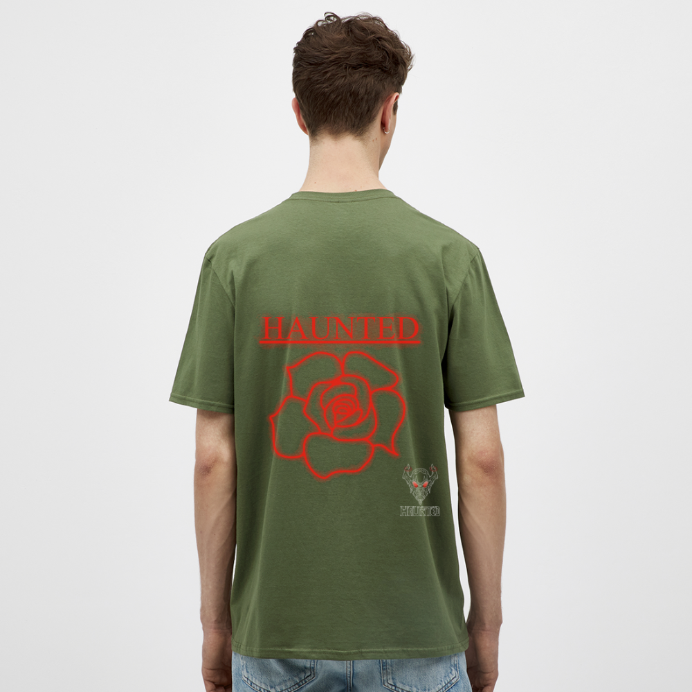 Men T-Shirt Red Neon Rose - Militärgrün